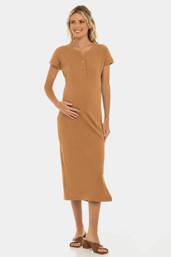 Rochie din bumbac rib pentru gravide și alăptare – caramel