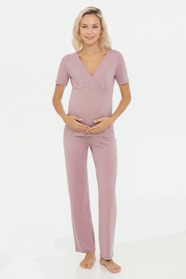 Pijama de bumbac pentru gravide și alăptare in culoarea pudra