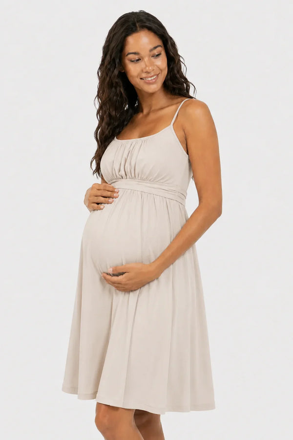 Rochie elegantă pentru gravide, cu bretele – bej
