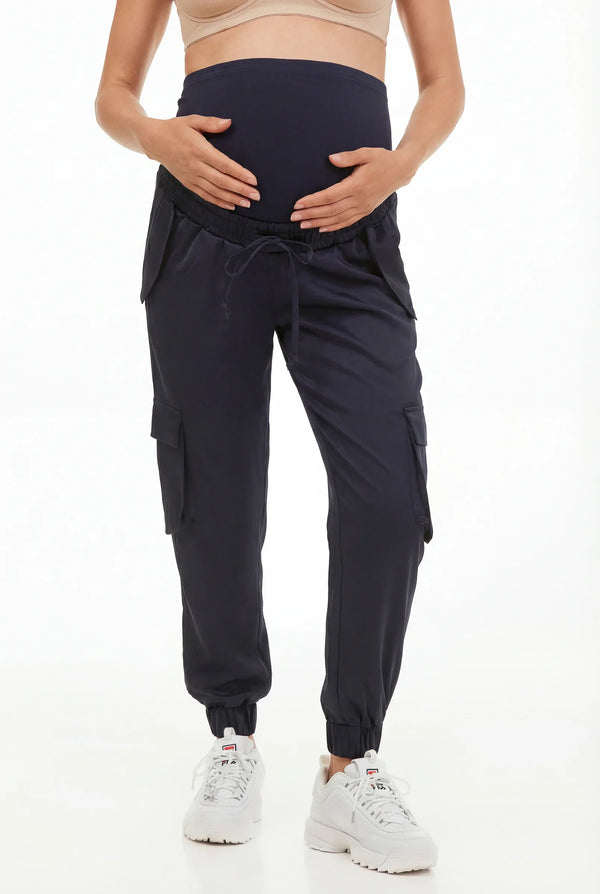 Pantaloni cargo din satin pentru gravide - albastru închis