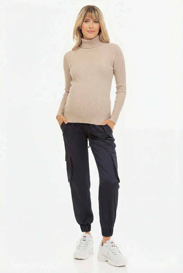 Pantaloni cargo din satin pentru gravide - albastru închis