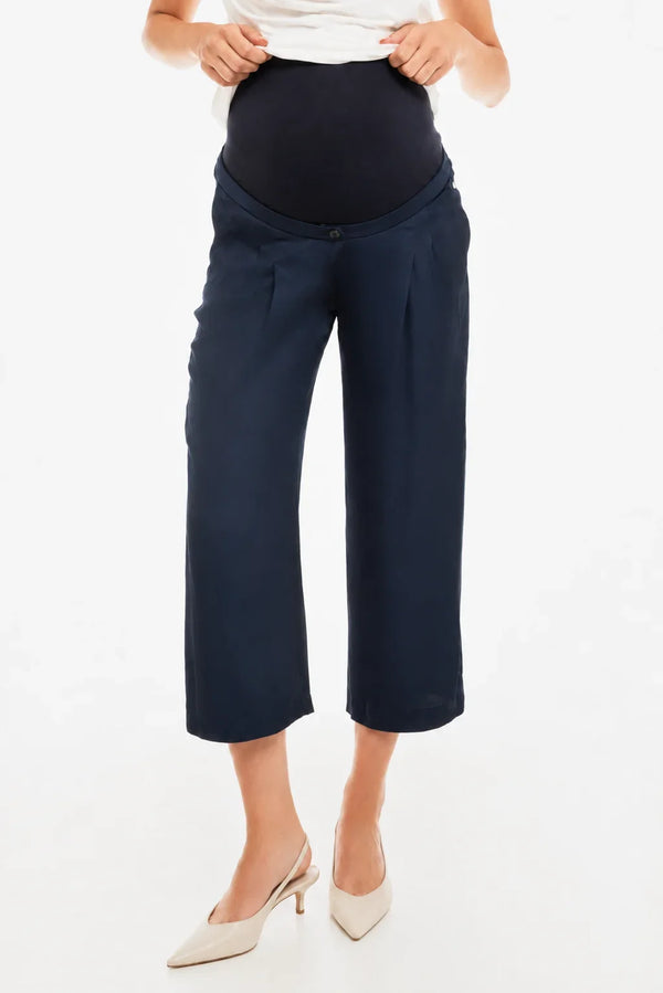 Pantaloni eleganți 7/8 din satin, cu pliuri, pentru gravide – bleumarin