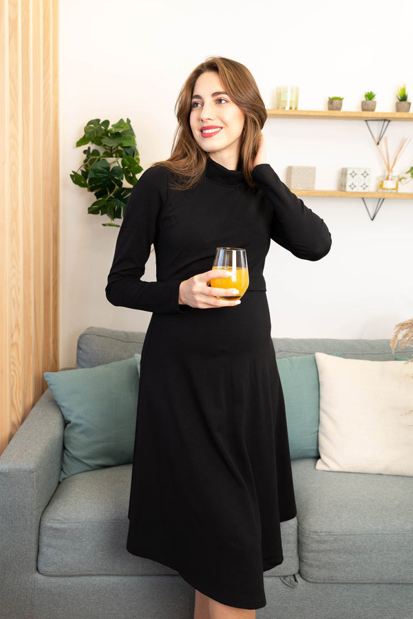 Rochie evazată pentru gravide și alăptare cu guler înalt - neagră