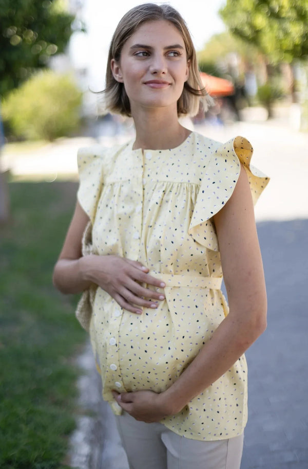 Bluză din bumbac pentru gravide și alăptare cu mâneci cu volane