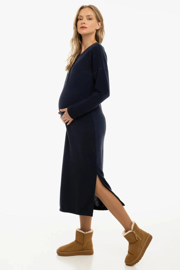 Rochie tricotată lungă pentru gravide și alăptare – bleumarin