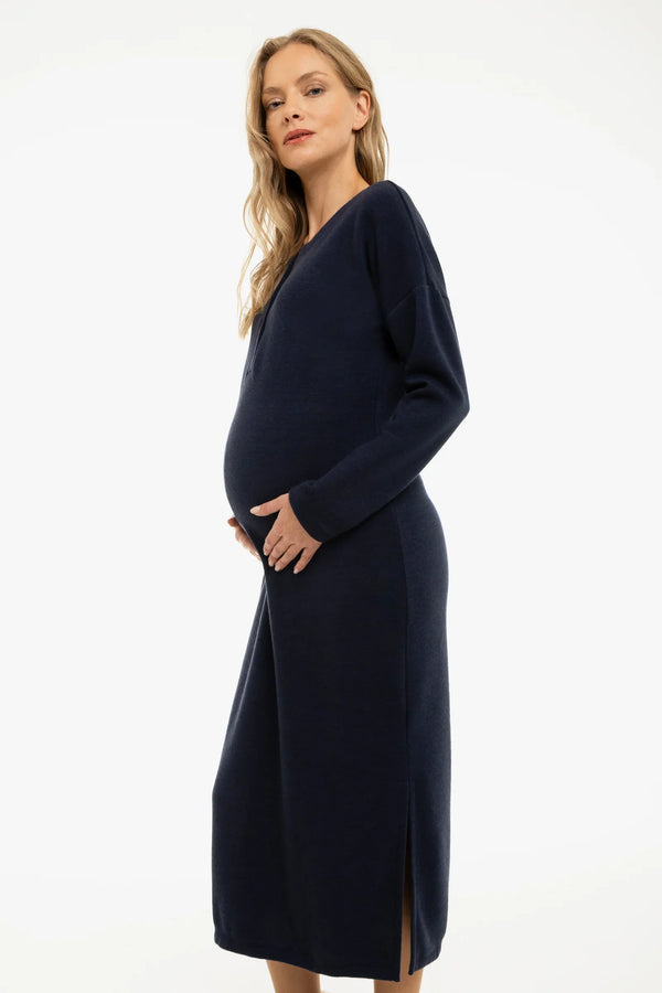Rochie tricotată lungă pentru gravide și alăptare – bleumarin