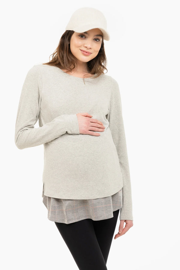 Pulover gri din bumbac pentru gravide și alăptare
