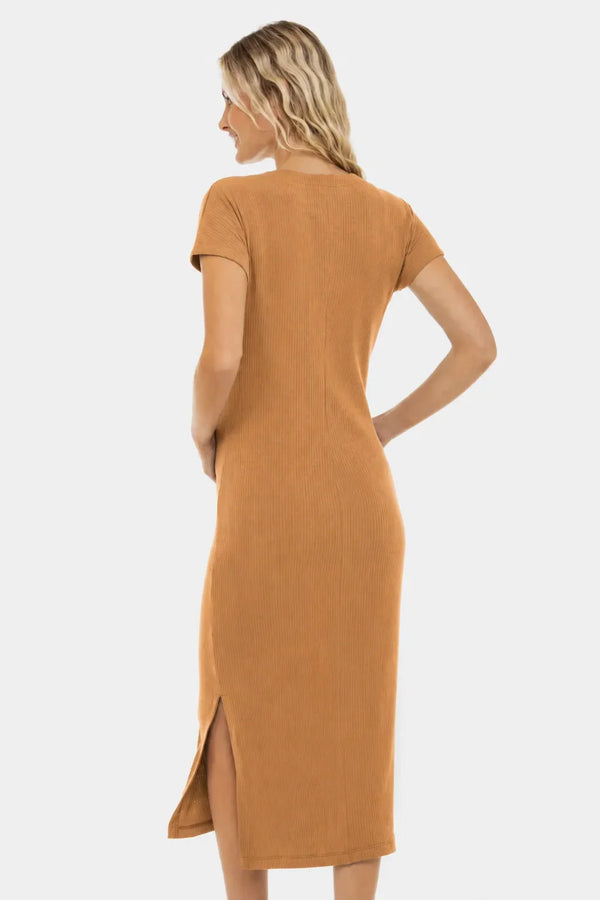 Rochie din bumbac rib pentru gravide și alăptare – caramel
