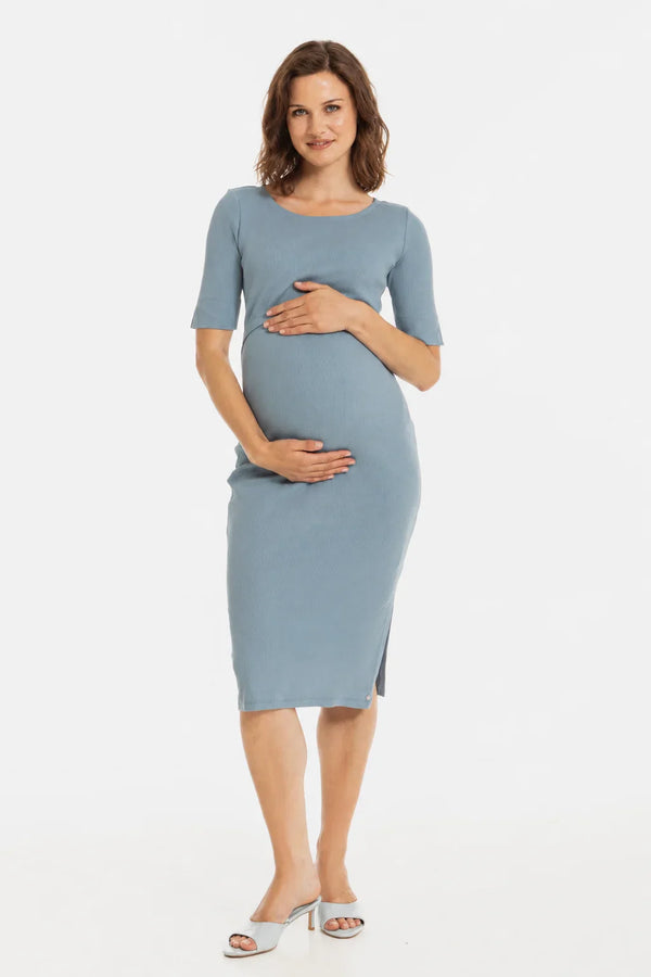 Rochie din bumbac rib pentru gravide și alăptare – albastră