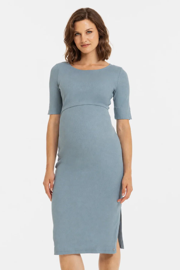 Rochie din bumbac rib pentru gravide și alăptare – albastră