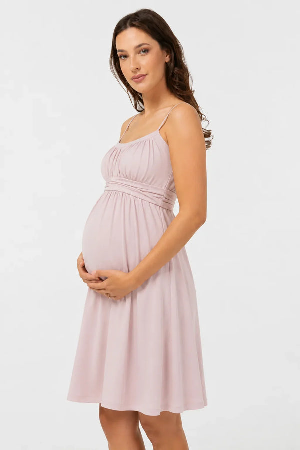 Rochie elegantă pentru gravide, cu bretele – roz pudră