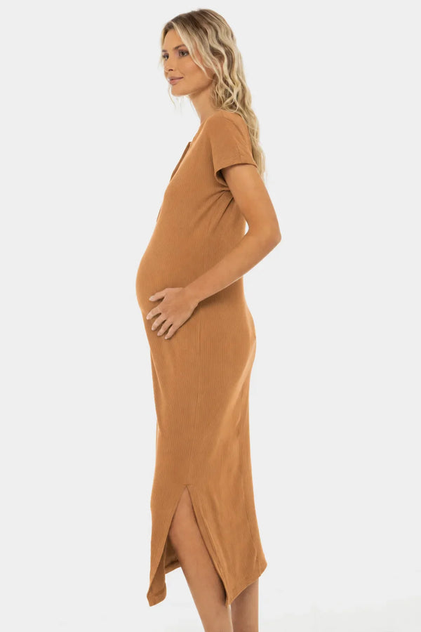Rochie din bumbac rib pentru gravide și alăptare – caramel
