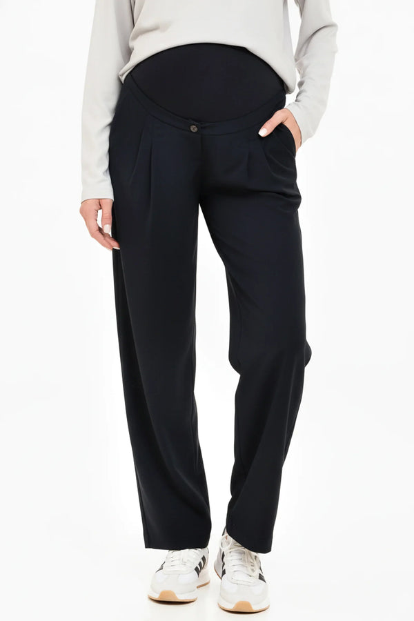 Pantaloni evazați elastici cu pliuri pentru gravide – bleumarin