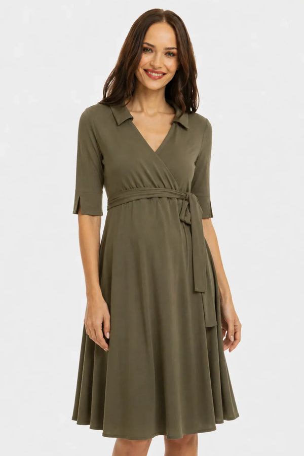 Rochie pentru gravide și alăptare, cu guler și decolteu petrecut – khaki