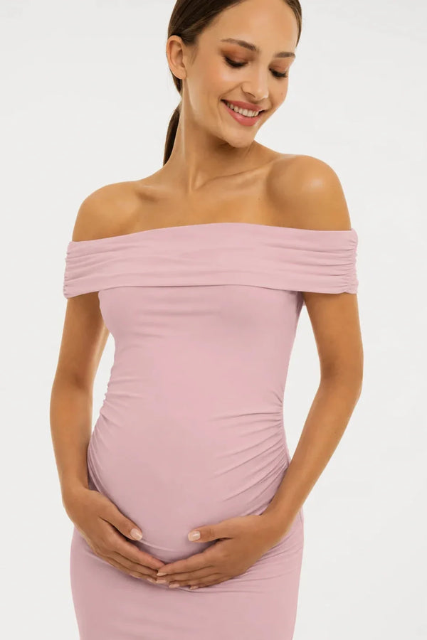 Rochie elegantă pentru gravide cu falduri - roz prăfuit