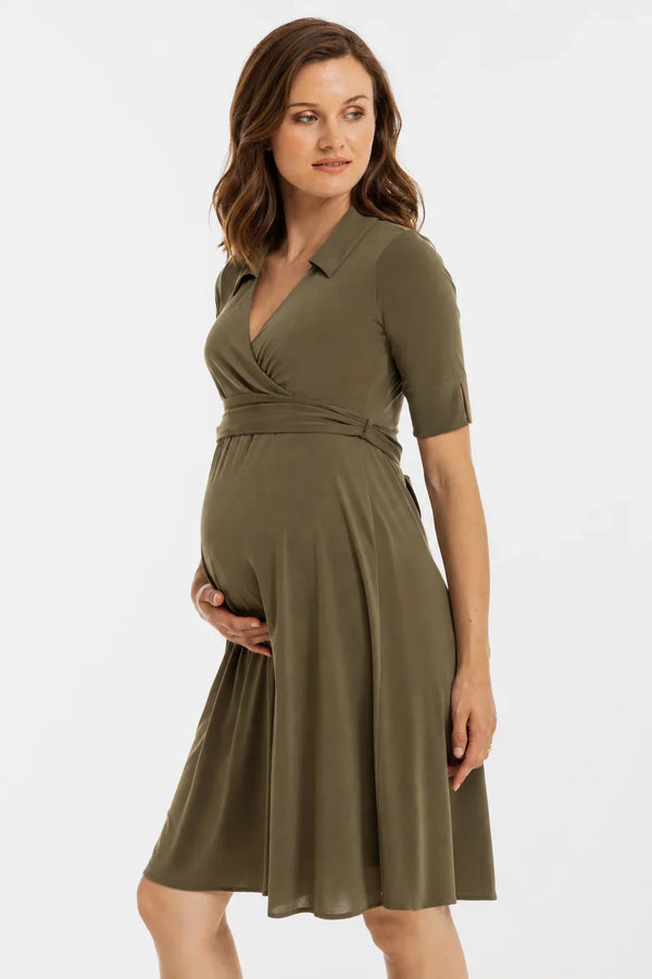 Rochie pentru gravide și alăptare, cu guler și decolteu petrecut – khaki