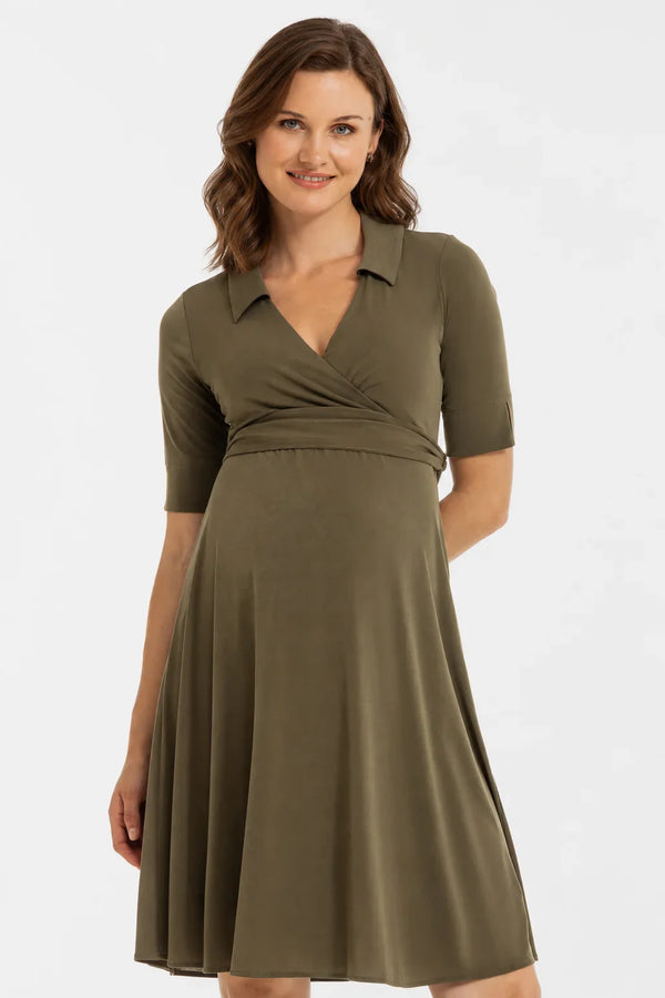 Rochie pentru gravide și alăptare, cu guler și decolteu petrecut – khaki