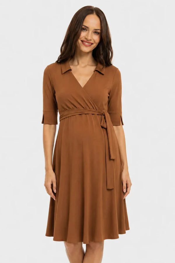 Rochie pentru gravide și alăptare, cu guler și decolteu petrecut – caramel