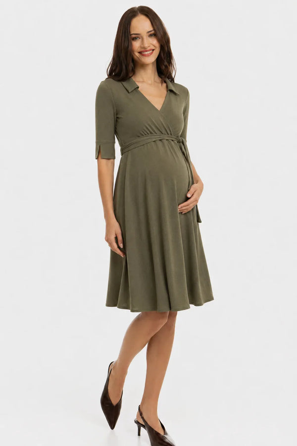 Rochie pentru gravide și alăptare, cu guler și decolteu petrecut – khaki