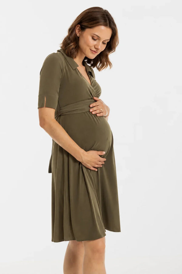 Rochie pentru gravide și alăptare, cu guler și decolteu petrecut – khaki