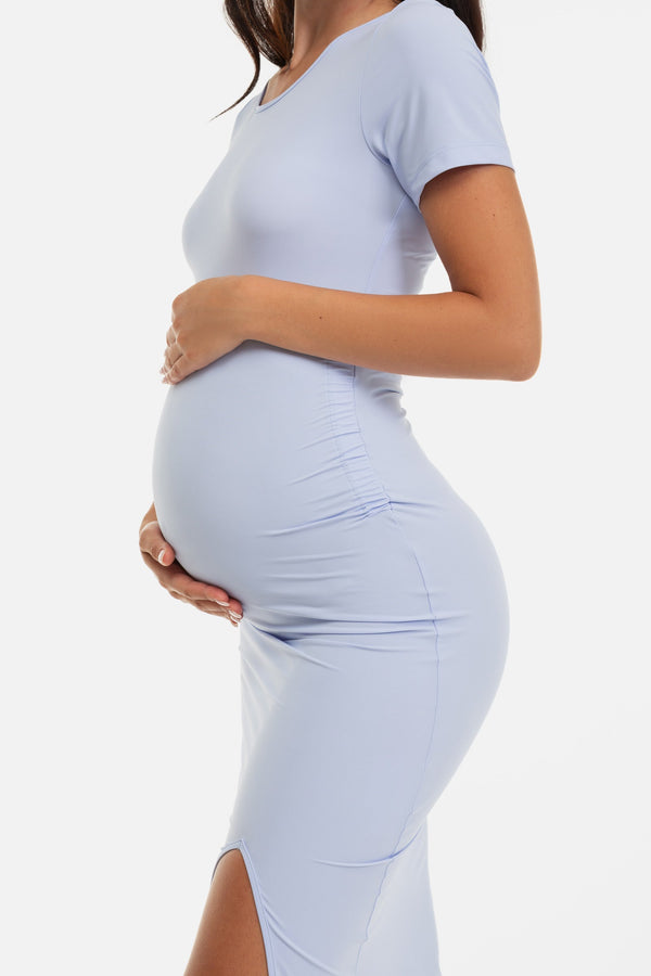 Rochie lungă albastru deschis cu fentă pentru gravide