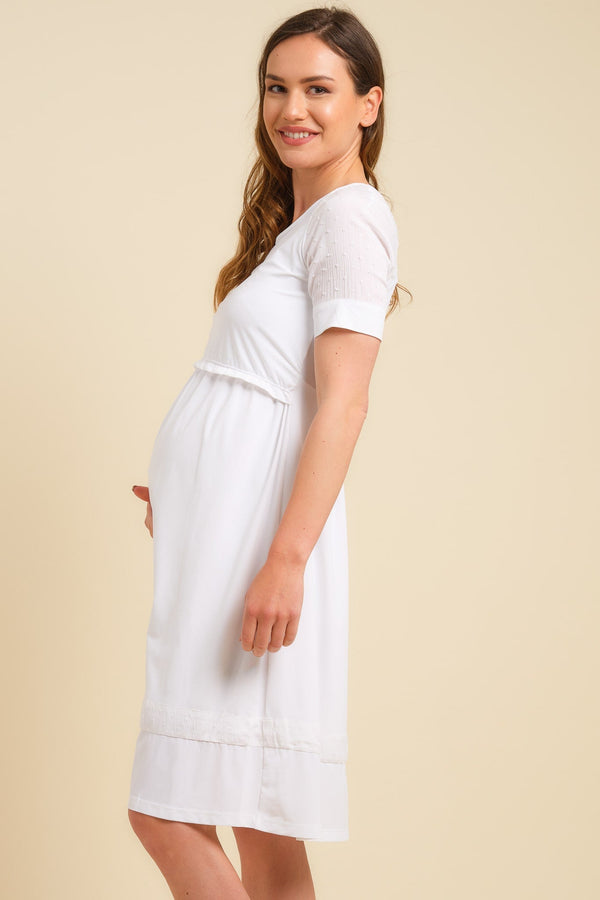 Rochie albă pentru gravide și alăptare cu element transparent