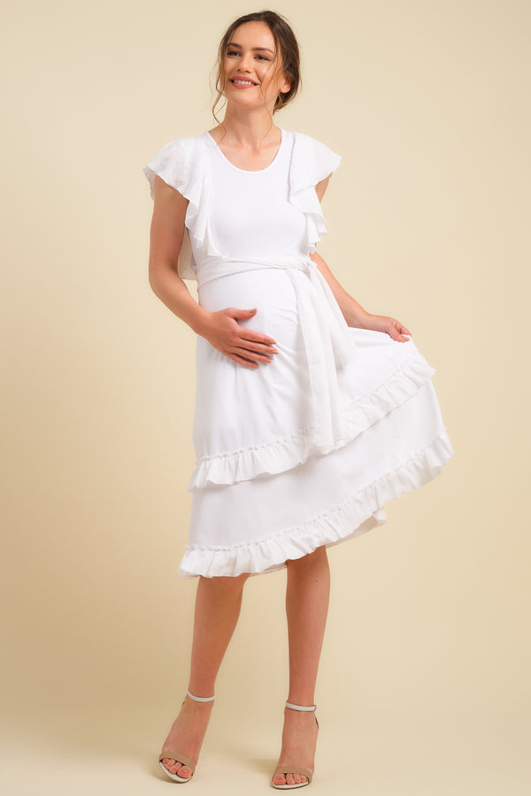 Rochie lungă albă pentru gravide și alăptare cu elemente cu picățele