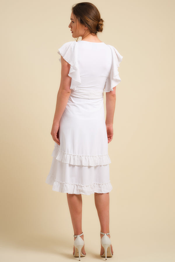 Rochie lungă albă pentru gravide și alăptare cu elemente cu picățele