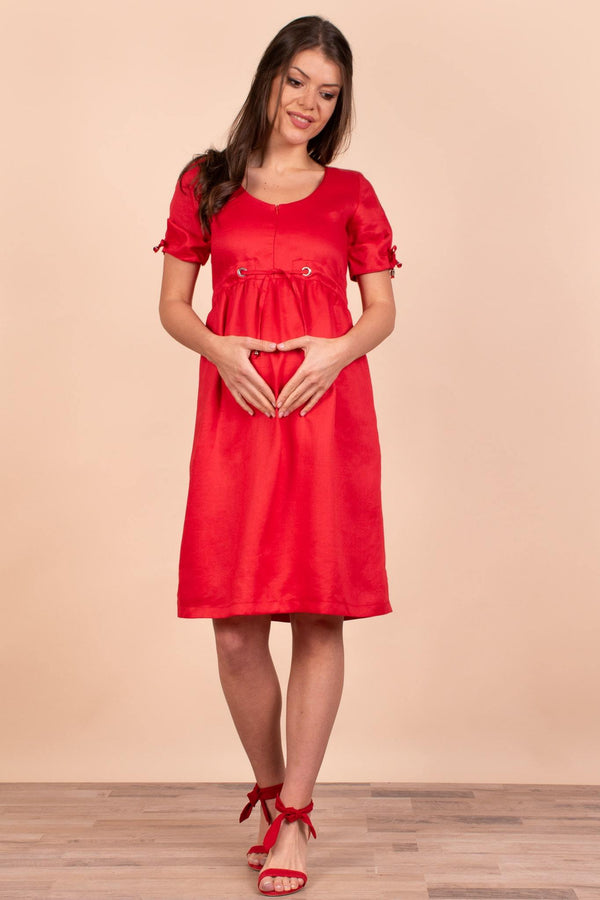 Rochie din in pentru gravide și  alăptare în roșu