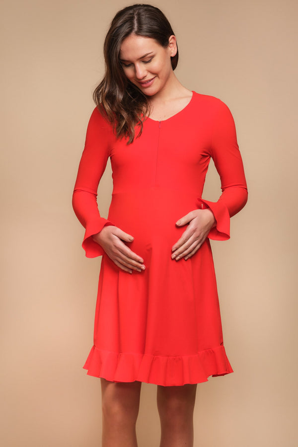 Rochie vaporoasă pentru gravide și alăptare, cu mâneca lungă, în roșu