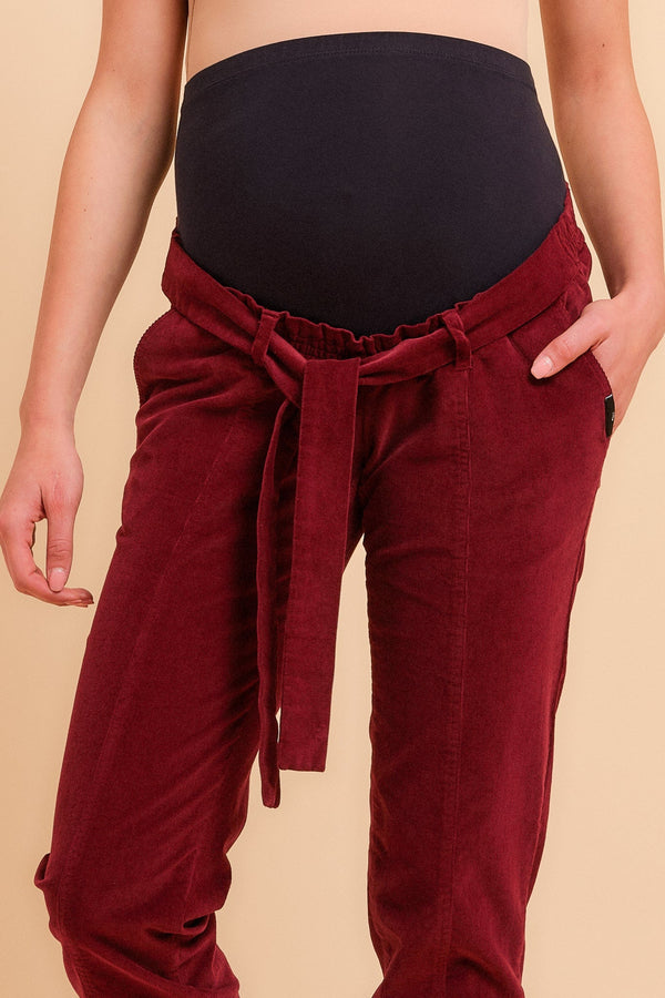 Pantaloni pentru gravide din catifea reiată bordo
